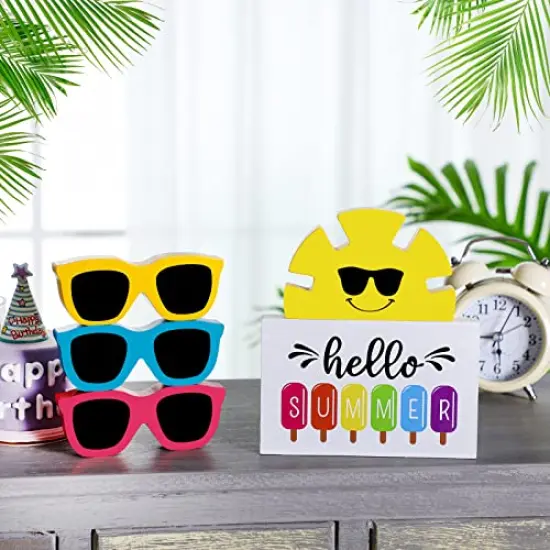 5 Pcs Hello Summer Tiered Tray Decor Wooden Sunglasses Table Decor Set Rustic Tabletop Decoration Farmhouse Sunshine Flower Wood Table Sign Centerpieces Summer Decorations for Home Office Shelf {2}