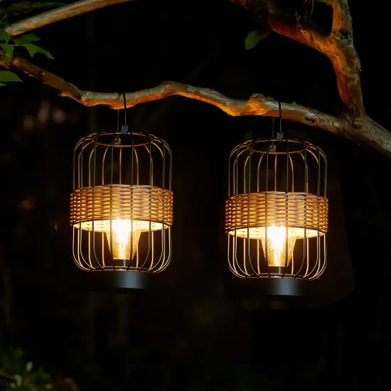 Set of 2 11.75"H Metal Wire Faux Rattan Solar Powered Outdoor Lantern with Edison Bulb and Handle {1}