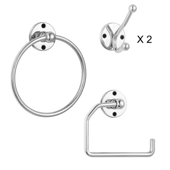 4-Piece Stainless Steel Bathroom Set Toilet Paper Holder, Towel Ring & 2 Hooks Rustproof Compact Design, Easy Installation for Modern Bathrooms {4}