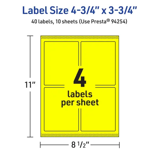 Avery Neon Yellow Paper Labels, 4.75" x 3.75" Rectangle {5}