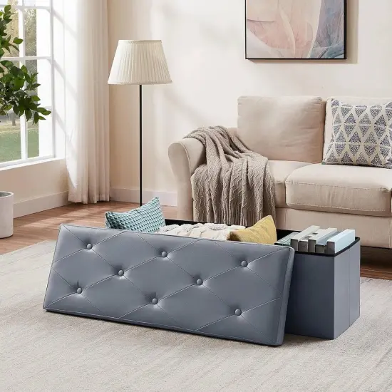 Light Grey Faux Leather Storage Ottoman Bench for Bedroom or Entry {4}