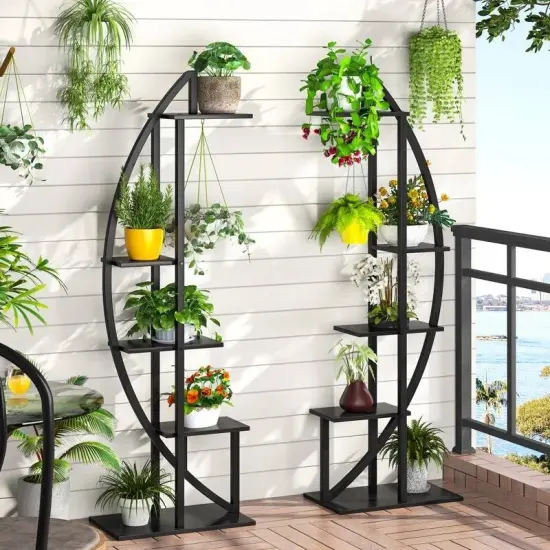 Set of 2 Modern Black Metal Wood 10-Shelf Plant Stand for Indoor Outdoor {2}