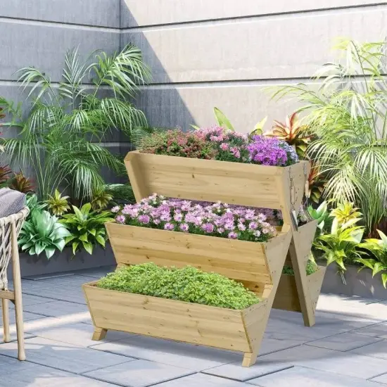 Light Brown Fir Wood 3-Tier A-Frame Planter Box with Side Hooks {3}