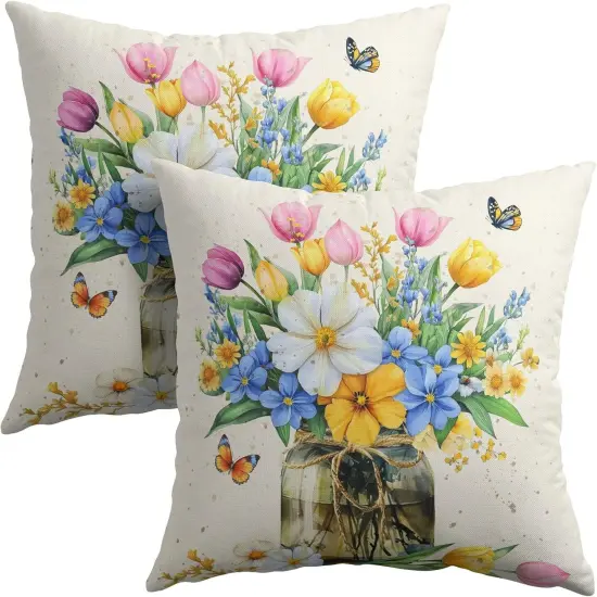 Spring Floral Butterflies Throw Pillow Covers 18X18 Inches Set of 2 Multi Colored Flowers Mason Jar Pillowcase Soft Cotton Linen Square Spring Cushion Covers for Home Sofa Patio Bedroom {1}