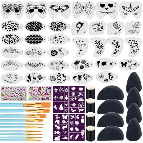 34+28Pcs Face Paint Stencils Kit,34 Pcs Plastic Facial Painting Stencils Reusable {1}
