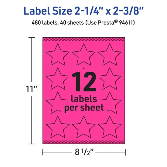 Avery Neon Magenta Paper Labels, 2-1/4" x 2-3/8" Star {5}