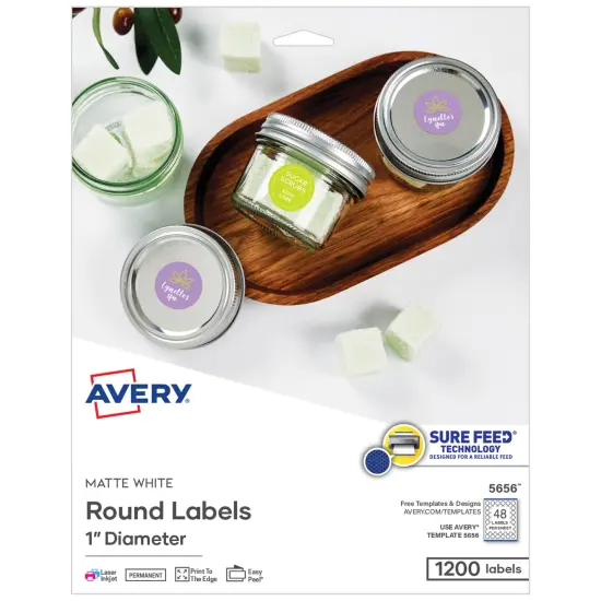 Avery Printable Round Labels with Sure Feed, 1" Diameter, Matte White, Permanent Adhesive, Laser & Inkjet Printers, 1,200 Blank Labels (5656) {1}