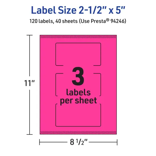Avery Neon Magenta Paper Labels, 2.5" x 5" Rectangle {5}
