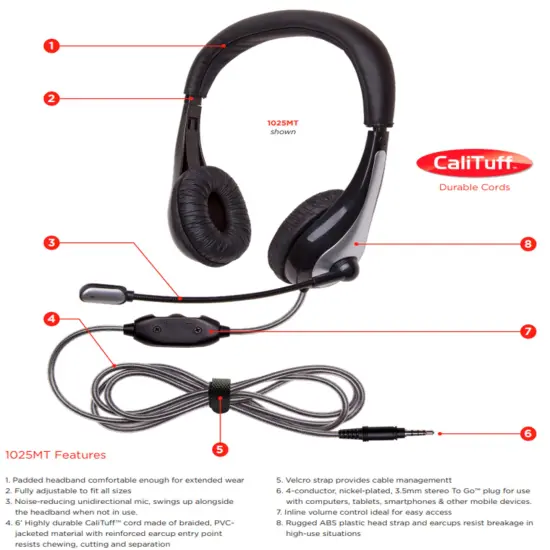 Califone NeoTech 1025MT On-Ear Stereo Headset with Gooseneck Microphone, 3.5mm Plug, Black/Silver {4}