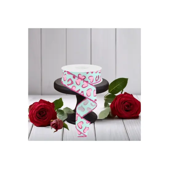 1.5" Heart Leopard Spots Ribbon: Mint Green (10 Yard) {2}
