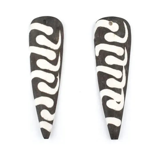 The Bead Chest Batik Bone Swirl Feather Pendant 110mmSet of 2 Kenya African Black and White Large Hole Handmade {1}