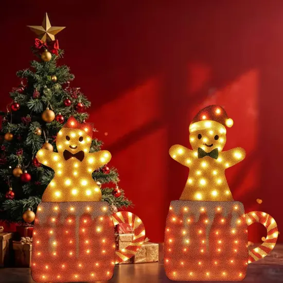 Pair of Mug Gingerbread Men 40" & 42" Lighted Holiday Yard Decorations with Box {3}