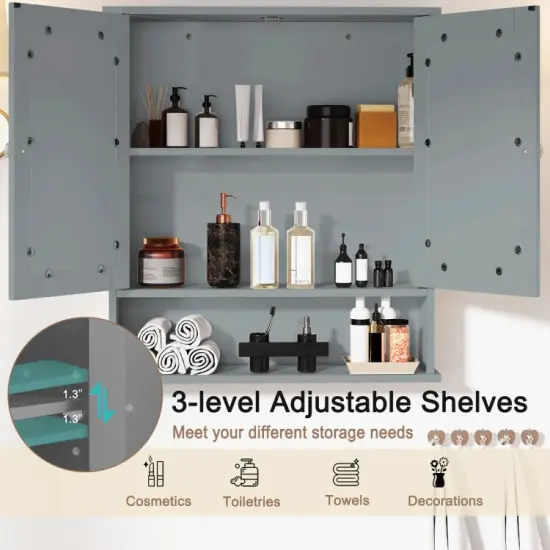 Wall Cabinet with Double Mirror Doors Adjustable Shelf Storage for Bathroom and Bedroom Grey {2}
