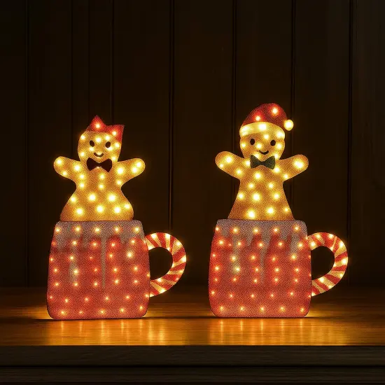 Set of Two Light Up Gingerbread Men in Holiday Mugs Christmas Decoration 40" & 42" Tall {1}