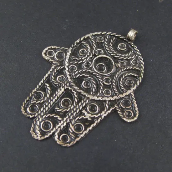The Bead Chest Moroccan Hamsa Pendant 43x60mm Morocco African Silver White Metal Large Hole Handmade {1}