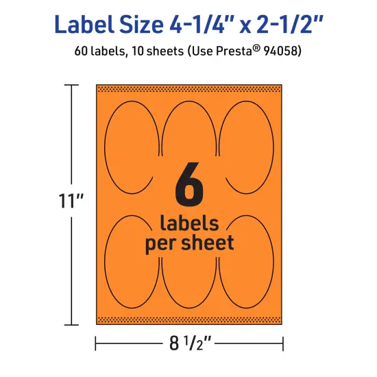 Avery Bright Orange Paper Labels, 4.25" x 2.5" Oval {5}