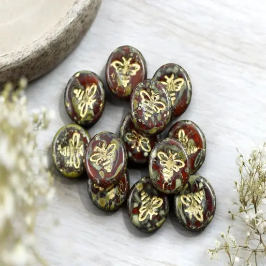 *12* 12mm Gold Washed Red Travertine Bee Coin Beads {1}