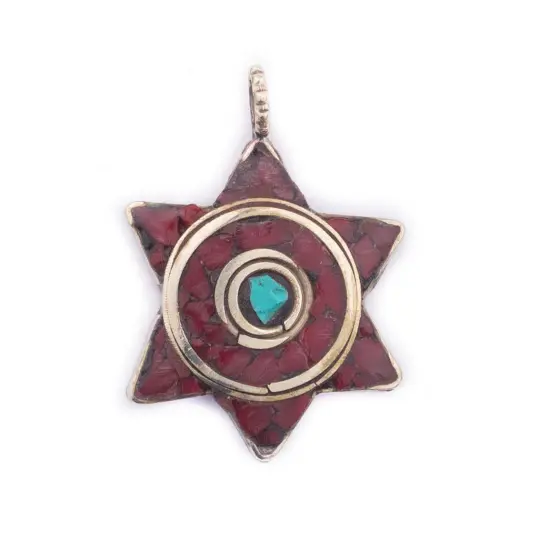 The Bead Chest Red & Blue Nepal Star of David Pendant Multicolor Brass Large Hole {1}