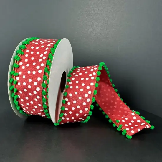 1.5" Linen Dots Pom Pom Ribbon: Red/Green (10 Yards) {3}
