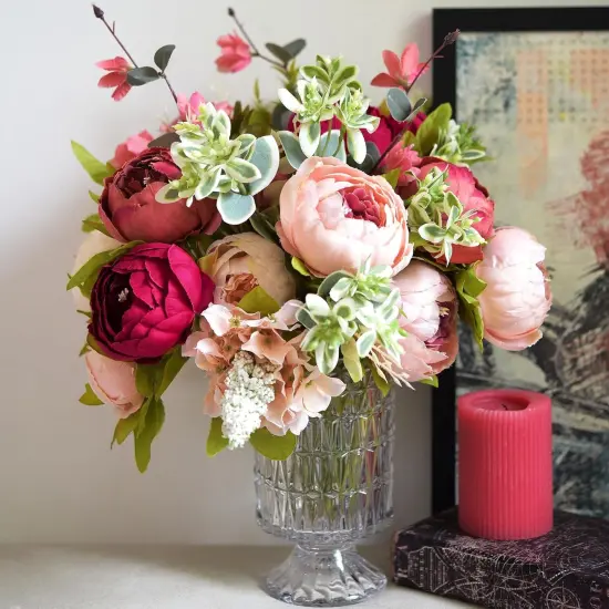 Pinkish Red and Dusty Pink Vintage Artificial Peonies Silk Flowers and Hydrangeas for Wedding Bridal {2}