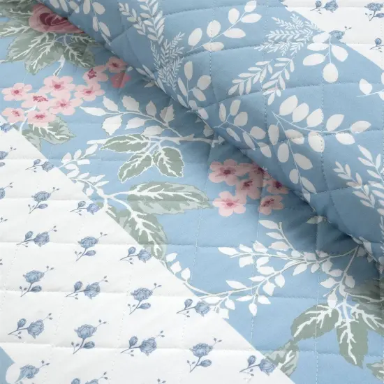Lightweight Reversible Floral and Striped Quilt Set Polyester Bedding {5}