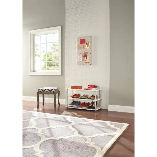 White Wood Shoe Rack with 3 Shelves, Metal Accents and 12 Pair Capacity {3}