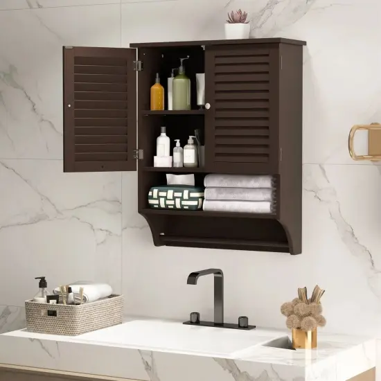 Wall-Mounted Bathroom Medicine Cabinet with Louver Doors and Towel Bar Brown {5}