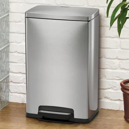 Grey Stainless Steel 13-Gallon Trash Can with Step-On Pedal and Soft-Close Lid {4}