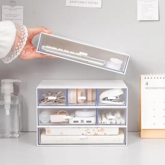 3 Tier Small Desk Organizer with Drawer, Stackable Desktop Storage Box, Portable Size Office Supplies Jewelry Storage Case, Makeup and Stationary Organizer for Cosmetic, School Supply {2}