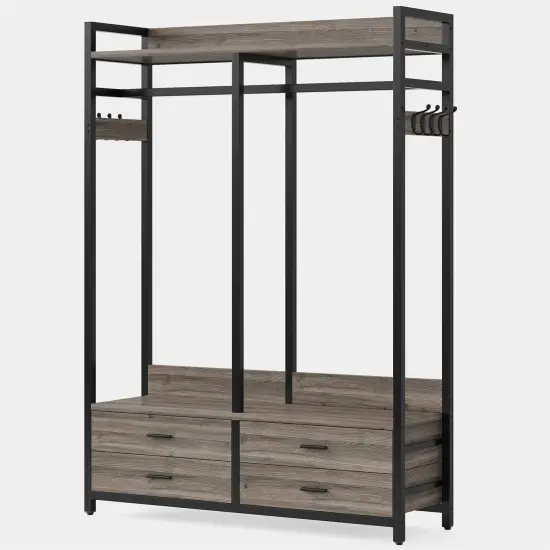 Free Standing Metal Garment Rack with Drawers and Hooks Grey Black {6}