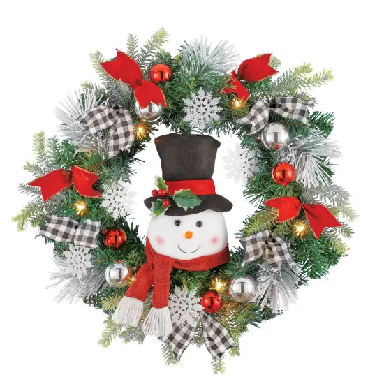 Collections Etc LED Lighted Winter Snowman Wreath with Black/White Buffalo Check Bows {2}