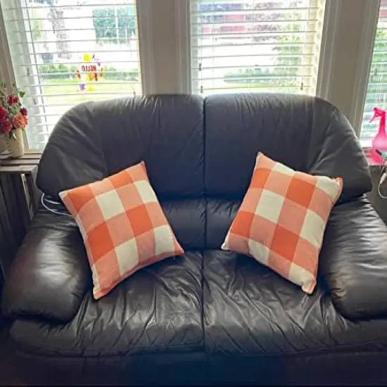 Set of 2 Fall Throw Pillow Covers - Orange & White Plaids (18"x18") {4}