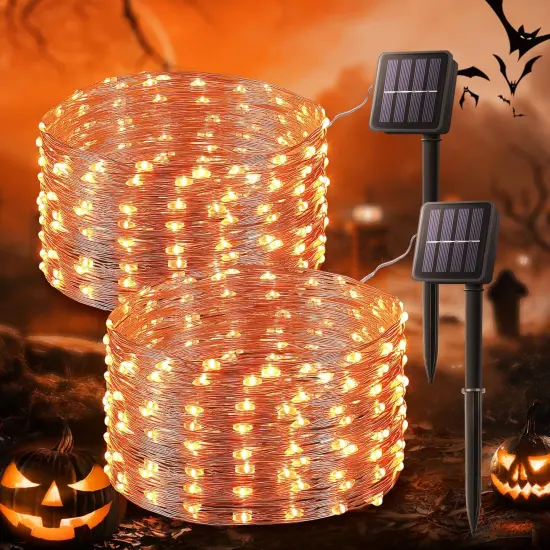2 Pack Orange 33ft 100 LED Halloween Solar Fairy Lights Outdoor {1}
