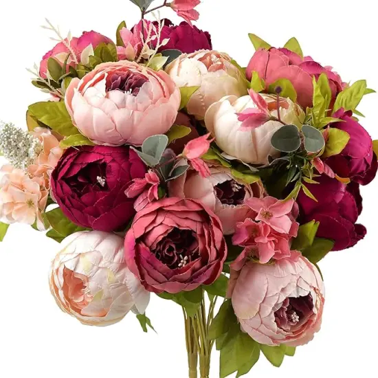 Pinkish Red and Dusty Pink Vintage Artificial Peonies Silk Flowers and Hydrangeas for Wedding Bridal {1}