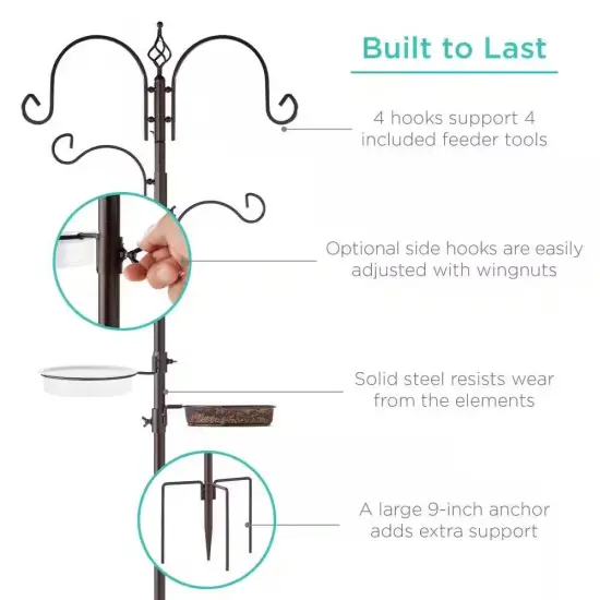 89" Metal Bird Feeder Station with Hanging Hooks and Water Bowl Seed Tray 4 Feeder Options Bronze {5}