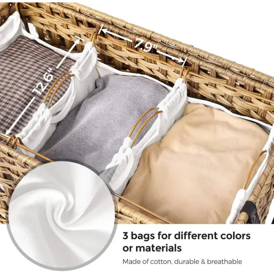 3-Basket Foldable Laundry Sorter Cart with Removable Bags and Locking Wheels for Home Tan {4}
