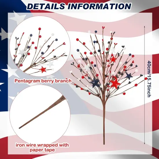 12 Pcs 4th of July Decorations Patriotic Artificial Berry Stem Picks 15.75 Inch Independence Day Decor with White Blue Red Stars Pentagram Faux Berry Branches {3}