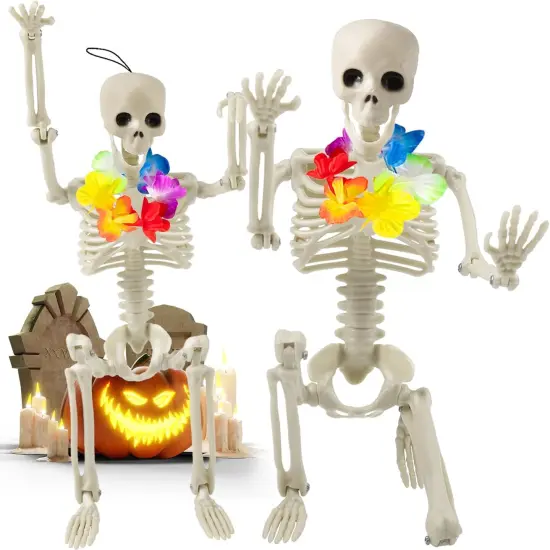 2 Pack Skeleton Decor With Wreathes, 16" Posable Plastic Mini Skeletons {1}