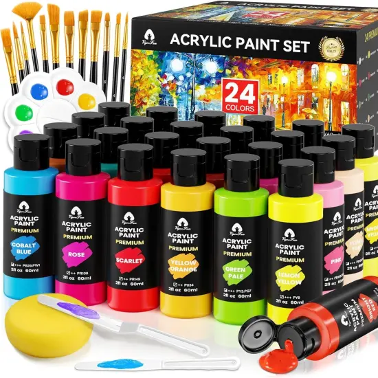 40 Pcs Acrylic Paint Set with 12 Brushes, 2 Knives & Palette - 24 Colors (2oz/60ml) for Adults, Kids, Artists & Beginners - Easter Basket Stuffers, Rock & Egg Painting Kit {1}