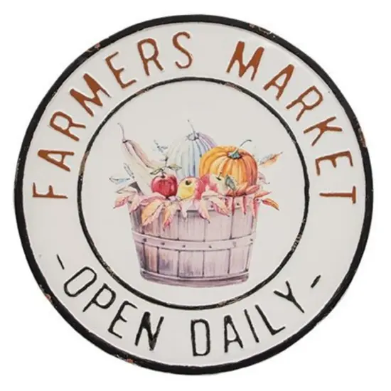 Farmhouse Round Metal Wall Sign 14" Farmers Market Open Daily with Harvest Crops Design {1}