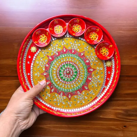 Pooja Thali with 5 Diya Bowls Rhinestone Red Painted Handmade Aarti Rituals Platter Festival Haldi Kumkum Thali Pooja Teej Diwali Wedding Engagement Plate Decorations - Housewarming Gift {6}