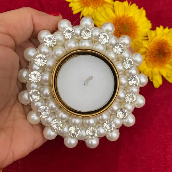 Pearl T-light Holder, Tealight Candle Holder Festival of Light Decorative for Diwali Christmas Thanksgiving Housewarming Gift Moti Candle Stand for Centerpiece Dining Table Home Decor {3}