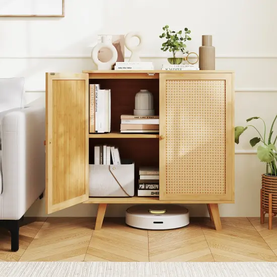 Natural Wicker PE Rattan Sideboard Cabinet with 2 Doors, Raised Base and Non-Slip Pads {5}