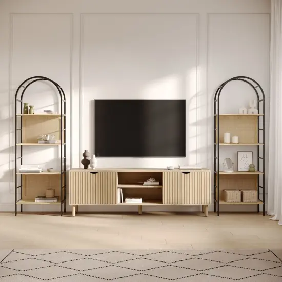 4 Tiered Arched Bookshelf with Natural Rattan Backing - Modern Home Decor - Boho Rattan Arch Bookcase - Wooden Open Arched Cabinet with Shelves - Metal and Wood Bookshelf (Light Oak) {3}