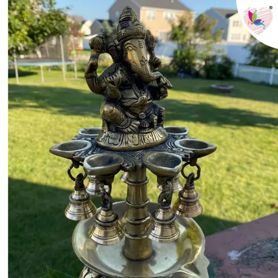 Ganesh Brass Oil Tall Diya, Diya for Home Decor, Samai Diya, Diwali Decor, Brass Oil Diya Lamp, Altar Temple Decor, Brass Oil Lamp, Kathu Vilakku, Pooja Diya {3}