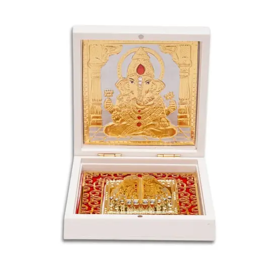 Gold Plated Ganesha Photo Frame with Charan Paduka for Diwali Housewarming Indian Wedding Return Gift Worship Pooja Room Decor Hindu Religious Devotional Paduka Prayer Box Good Luck Gift {7}
