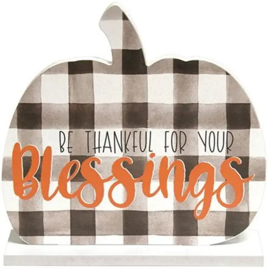Wooden Pumpkin Sitter with Buffalo Check and Thankful Message {1}