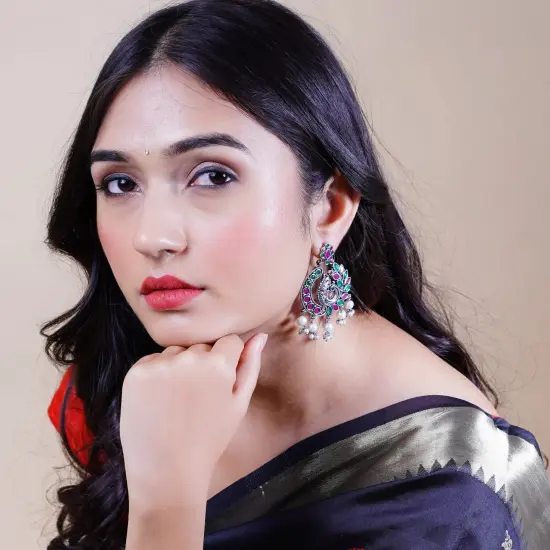 Indian Oxidized Jhumka Earrings for Women - Indian Peacock Earrings Ethnic Chandbali Jhumki Oxidized Beaded Bollywood Style Dangle Earring Jewelry for Bride | Birthday Gift for Her White {3}