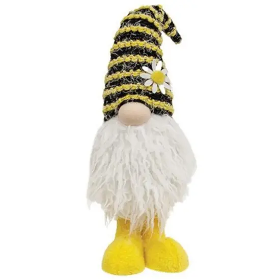 Fuzzy Bee Striped Standing Gnome with Yellow Feet and Felt Daisy Flower {1}