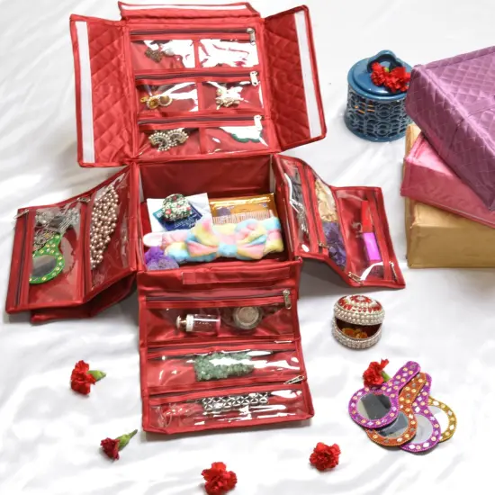 Handmade Jewelry Organizer Foldable Cloth Bag Travel Kit with Transparent Pockets for Earrings Bracelet Traveling Essentials Vanity Housewarming Gift Maroon {1}